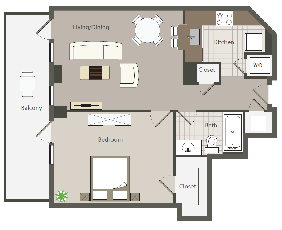 Floor plan for 1 bed, 1 bath, 679 sqft